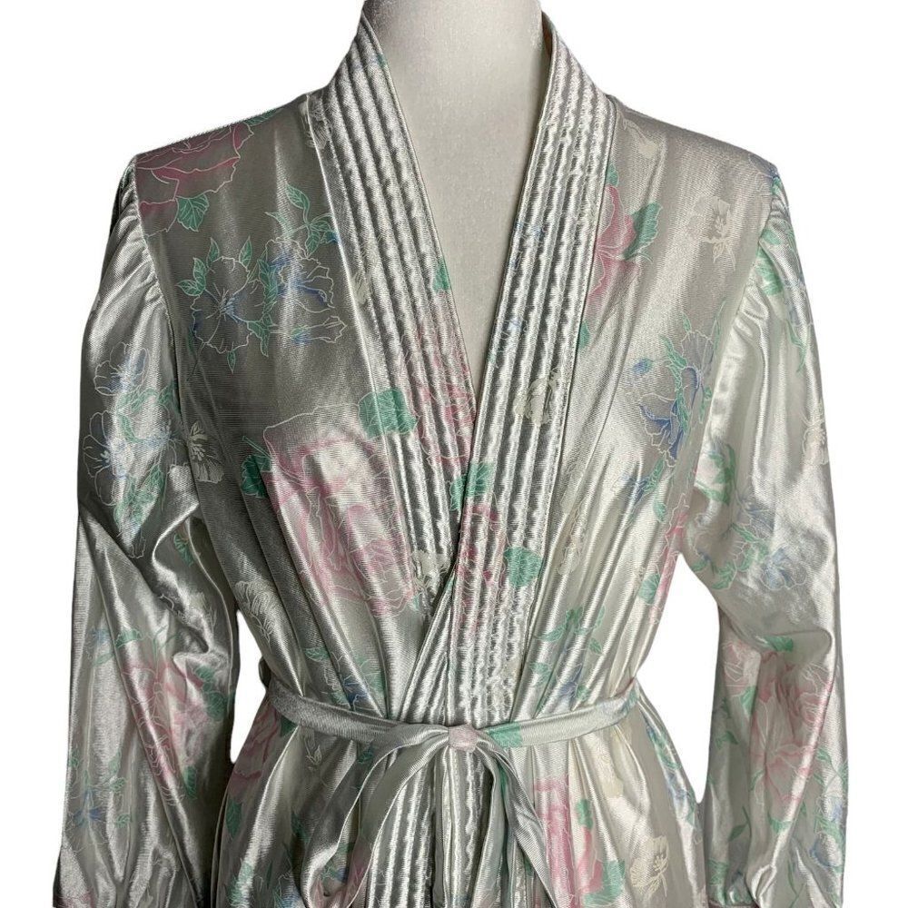 Vintage Floral Robe Dressing Gown M White Satin Pockets Tie Belt Long Sleeves
